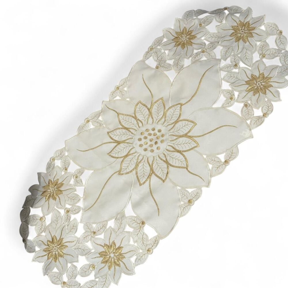 White and gold poinsettia table runner 34 inch long